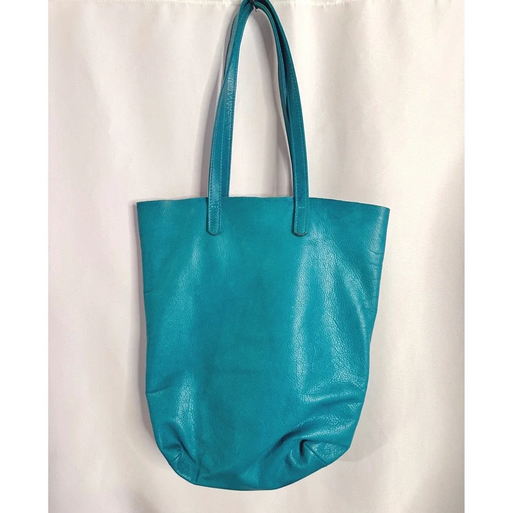 BAGGU Vintage Leather Tote Bag Rare Turquoise Blue